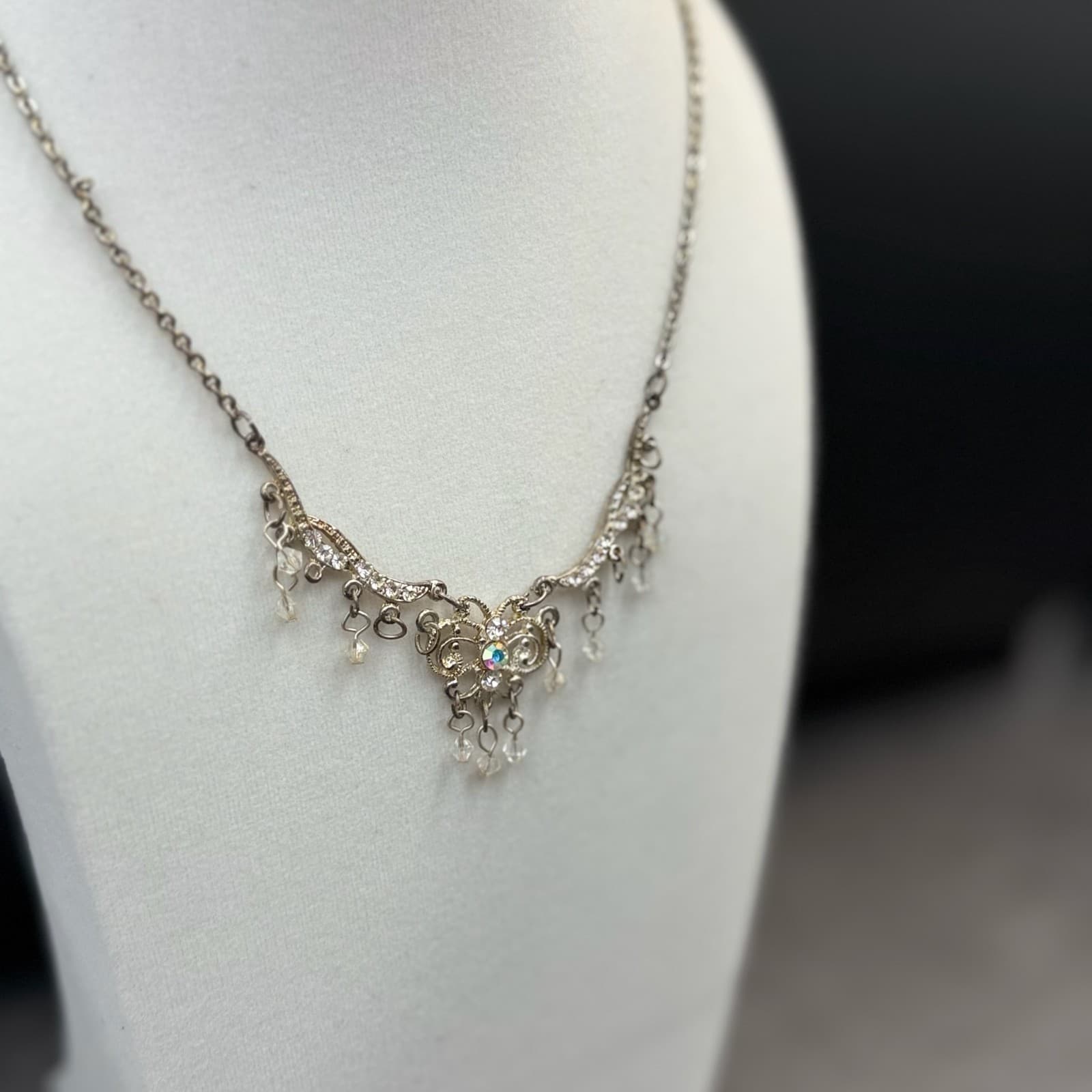 Vintage Style Silver Tone Rhinestone Filigree Dangle Choker Necklace Women's - Thumbnail 6