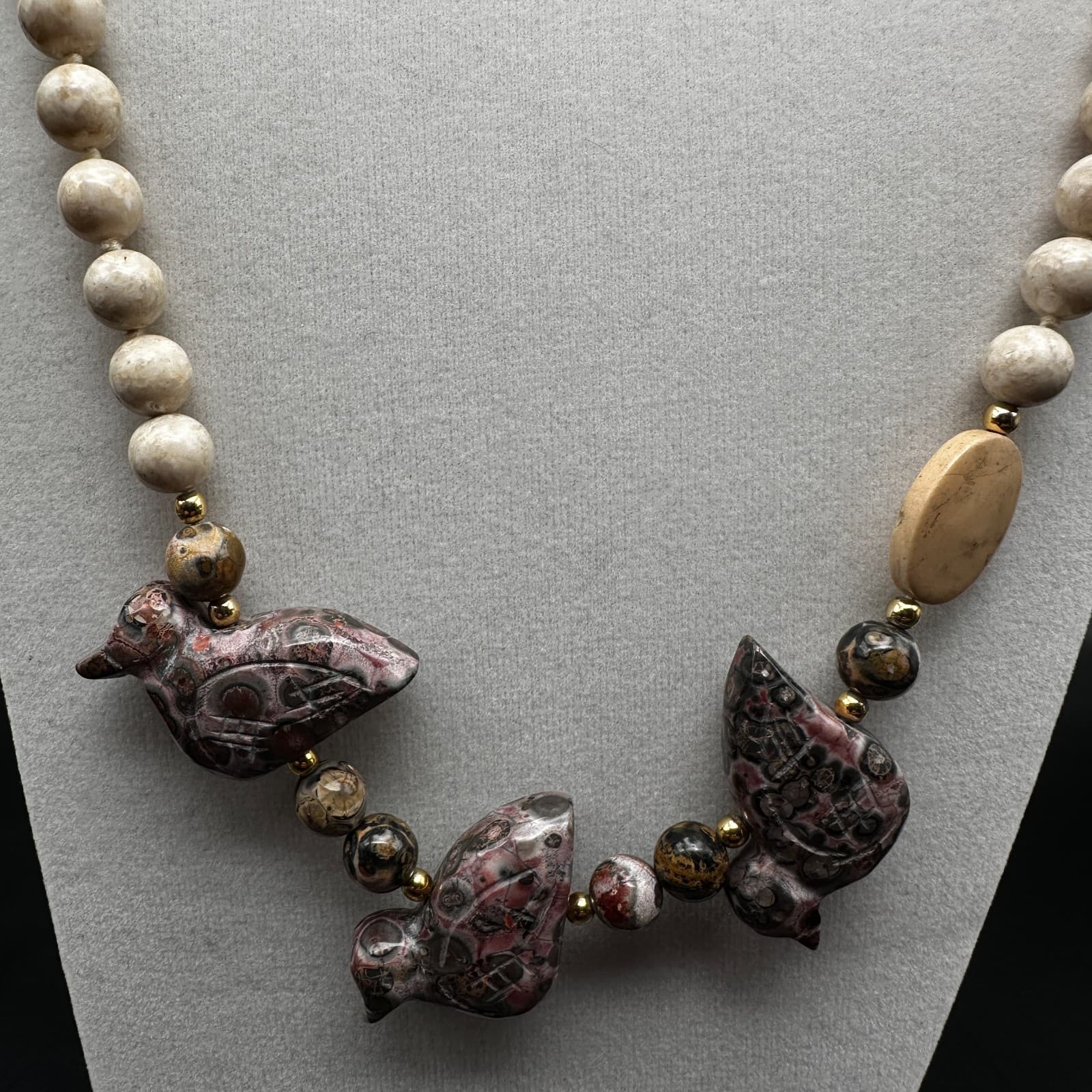 Vintage 90s Jasper Bird Fetish Necklace Multi-Stone Beaded Boho Women's Jewelry - Thumbnail 5