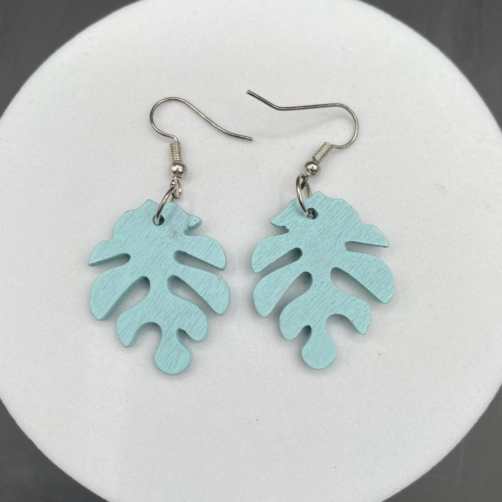 Vintage Blue Painted Wooden Palm Leaf Fashion Retro Danngle Earrings - Image 1