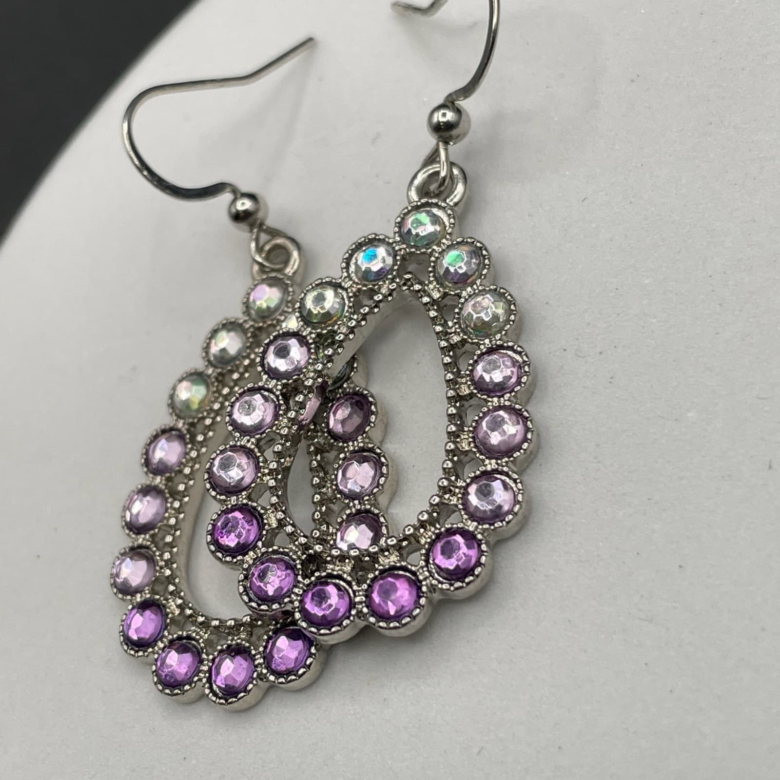 Vintage Purple White Crystal Stone Ombré Silver-Tone Dangle Drop Earrings - Thumbnail 4
