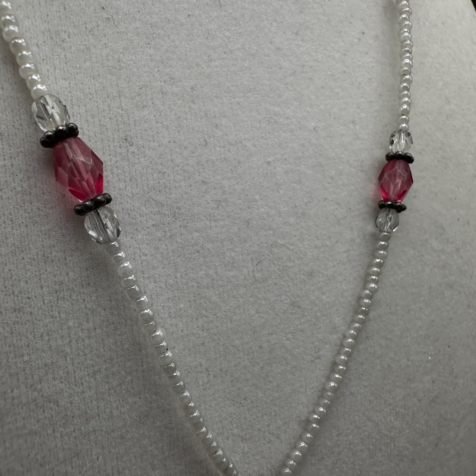 Vintage 90s Mother of Pearl Rose Pendant Necklace Pink Glass Beads Handmade - Thumbnail 5