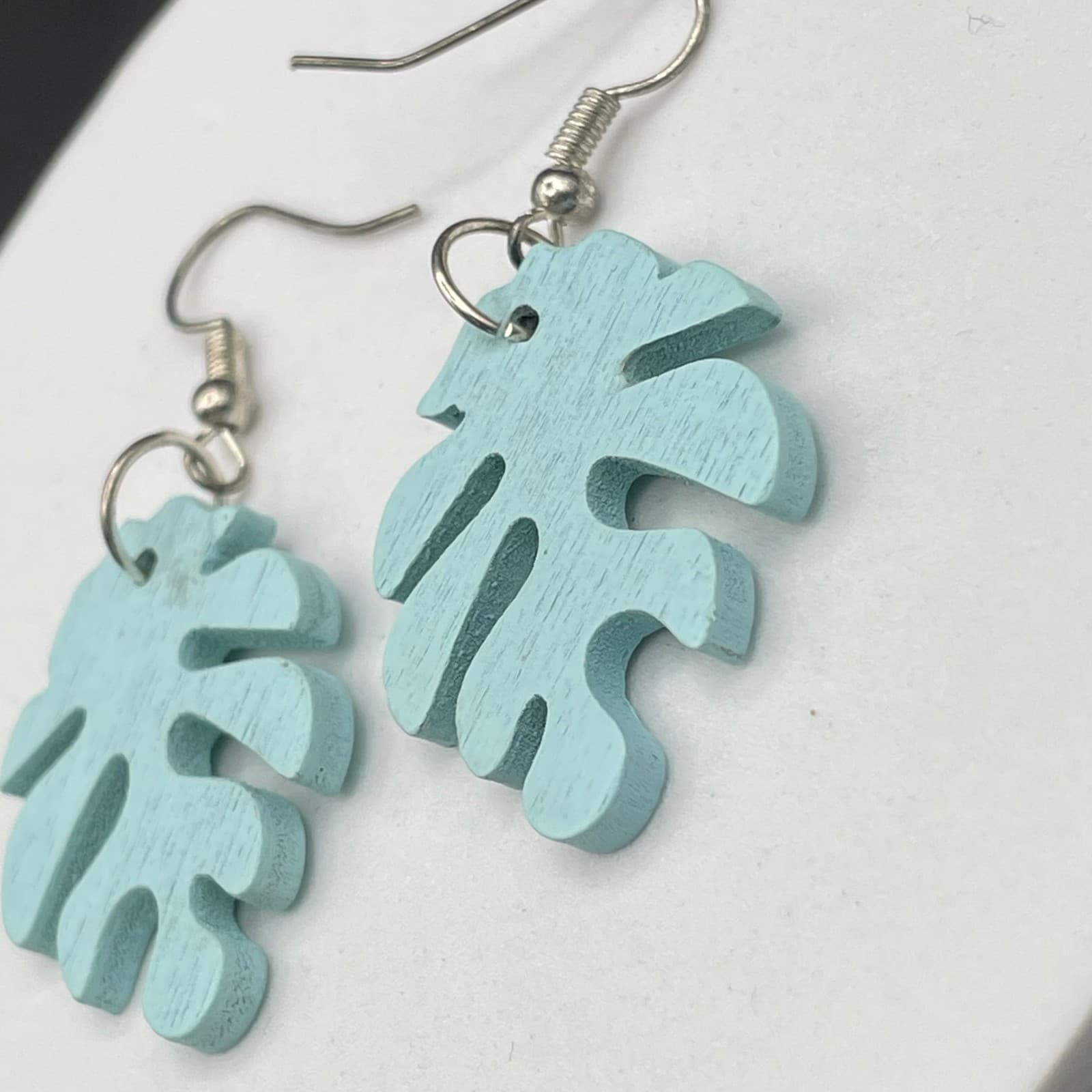 Vintage Blue Painted Wooden Palm Leaf Fashion Retro Danngle Earrings - Thumbnail 6