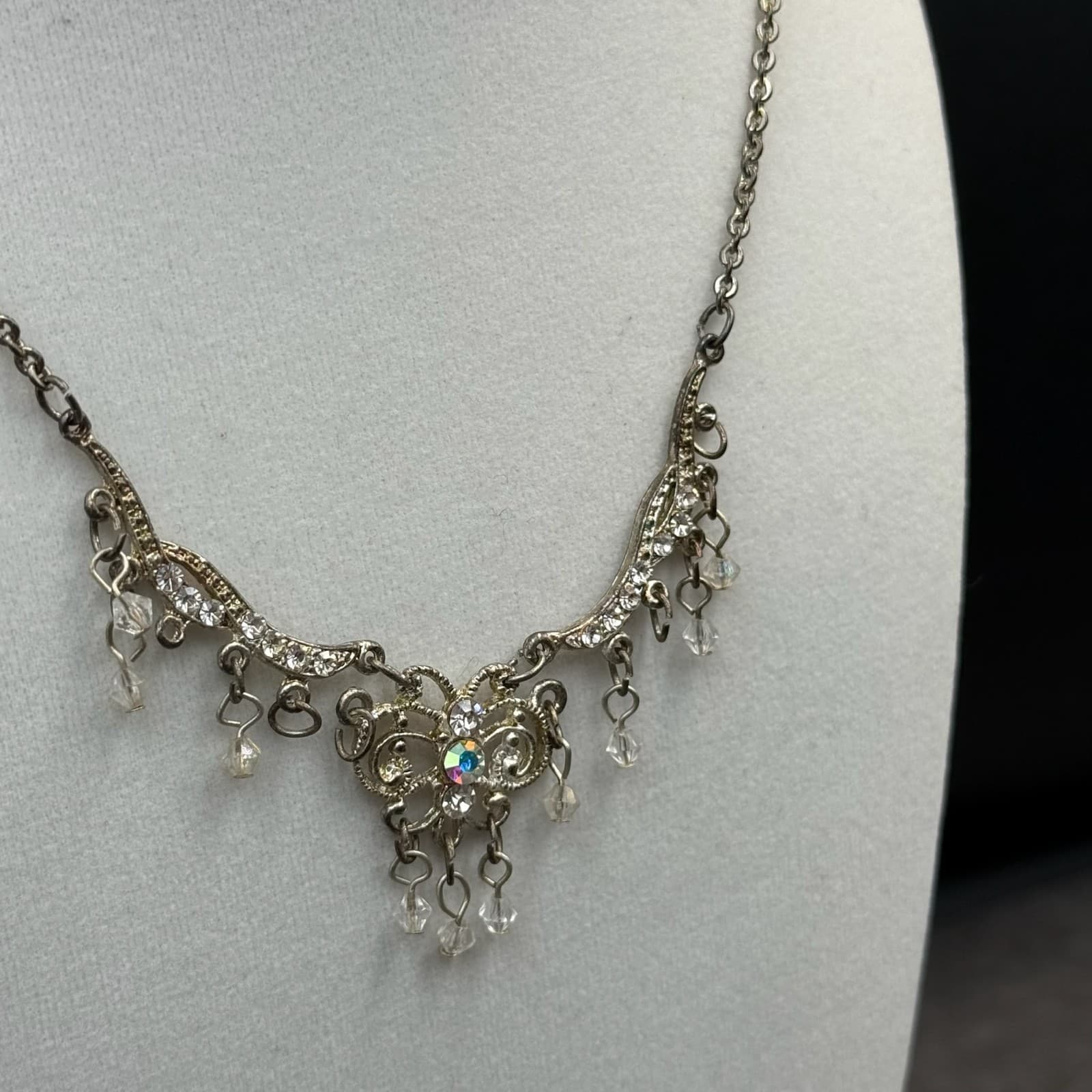 Vintage Style Silver Tone Rhinestone Filigree Dangle Choker Necklace Women's - Thumbnail 7