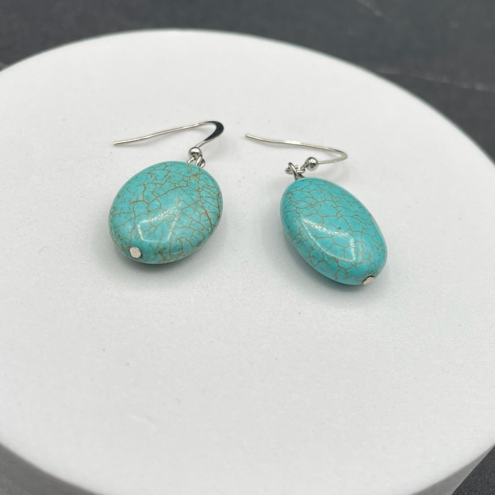 Vintage Silver-Tone Fishhook Faux Cracked Turquoise Drop Earrings Oval Shape - Thumbnail 3