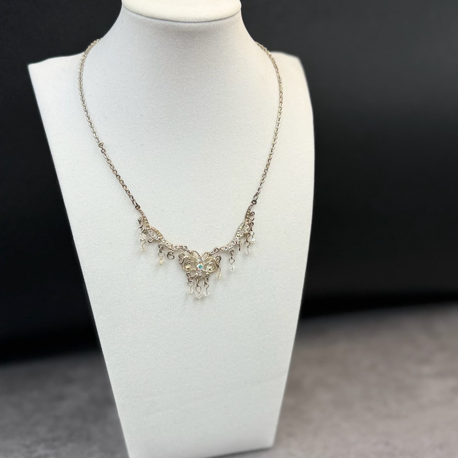 Vintage Style Silver Tone Rhinestone Filigree Dangle Choker Necklace Women's - Thumbnail 5