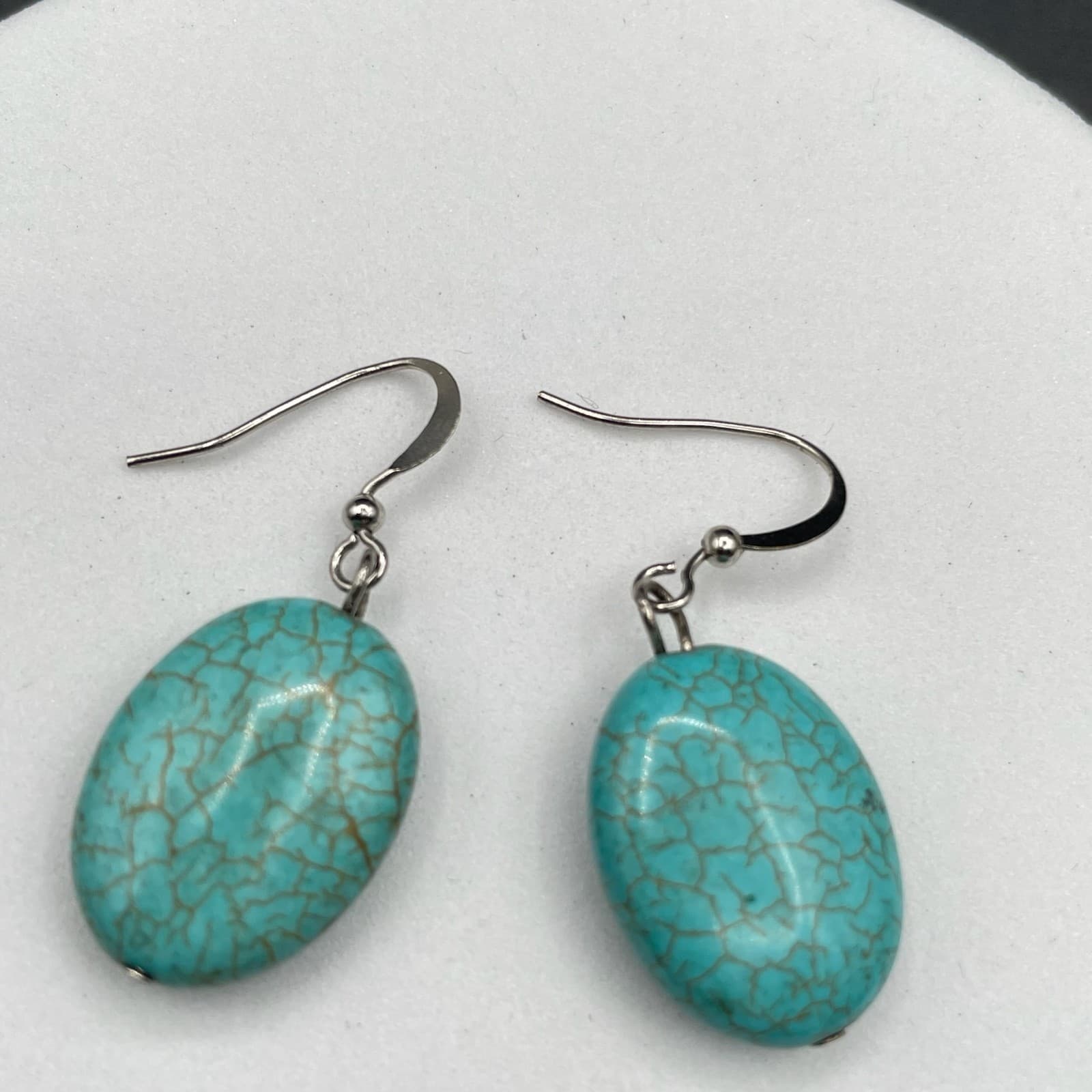 Vintage Silver-Tone Fishhook Faux Cracked Turquoise Drop Earrings Oval Shape - Thumbnail 4