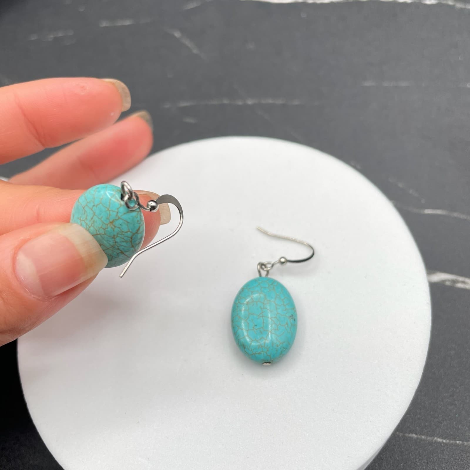 Vintage Silver-Tone Fishhook Faux Cracked Turquoise Drop Earrings Oval Shape - Thumbnail 6