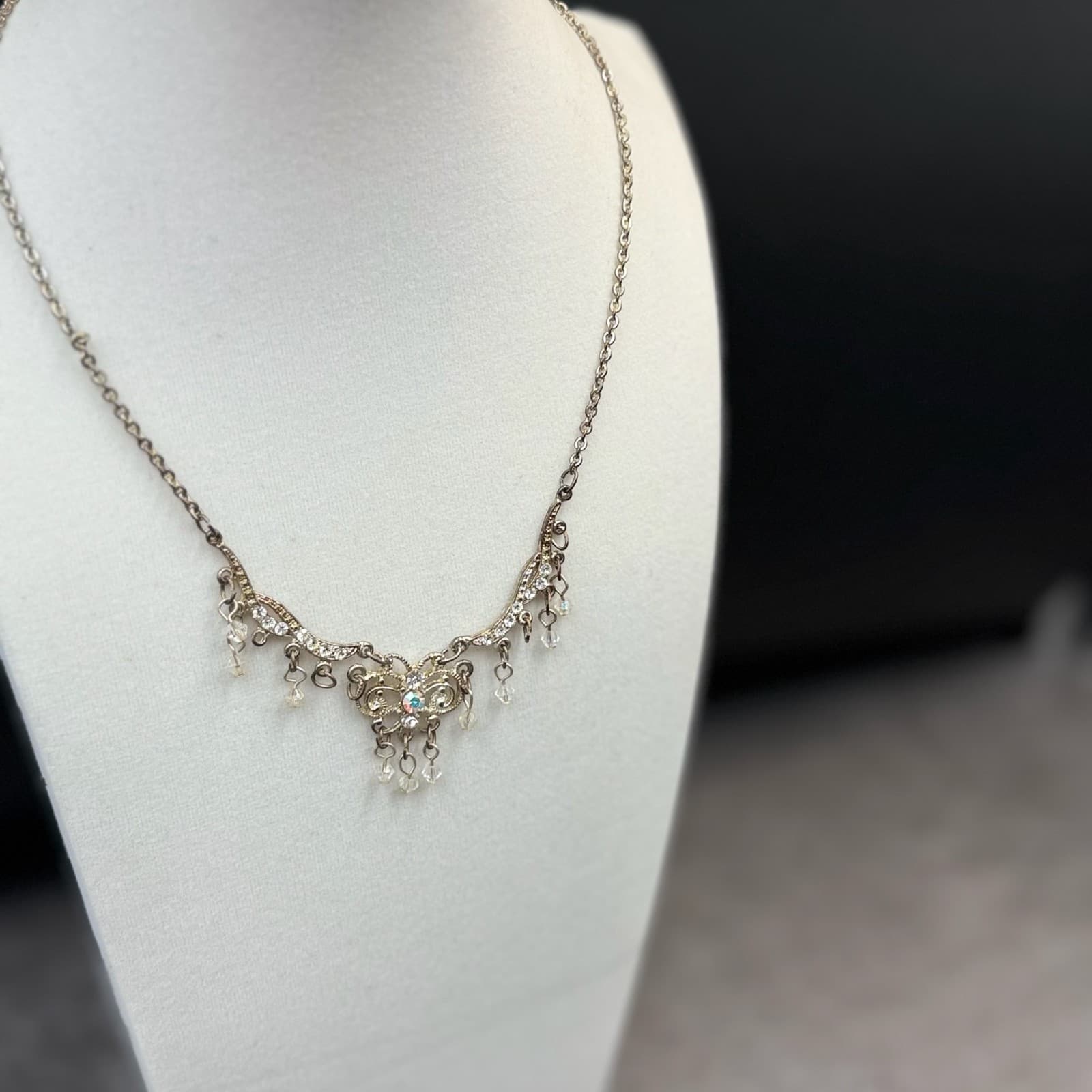 Vintage Style Silver Tone Rhinestone Filigree Dangle Choker Necklace Women's - Thumbnail 8