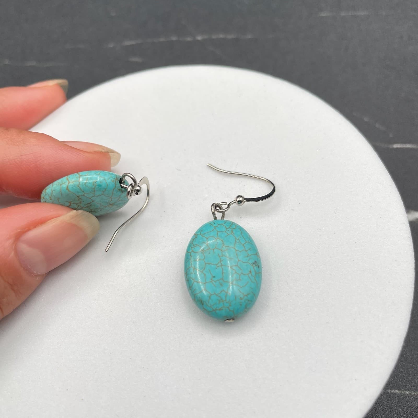 Vintage Silver-Tone Fishhook Faux Cracked Turquoise Drop Earrings Oval Shape - Thumbnail 5