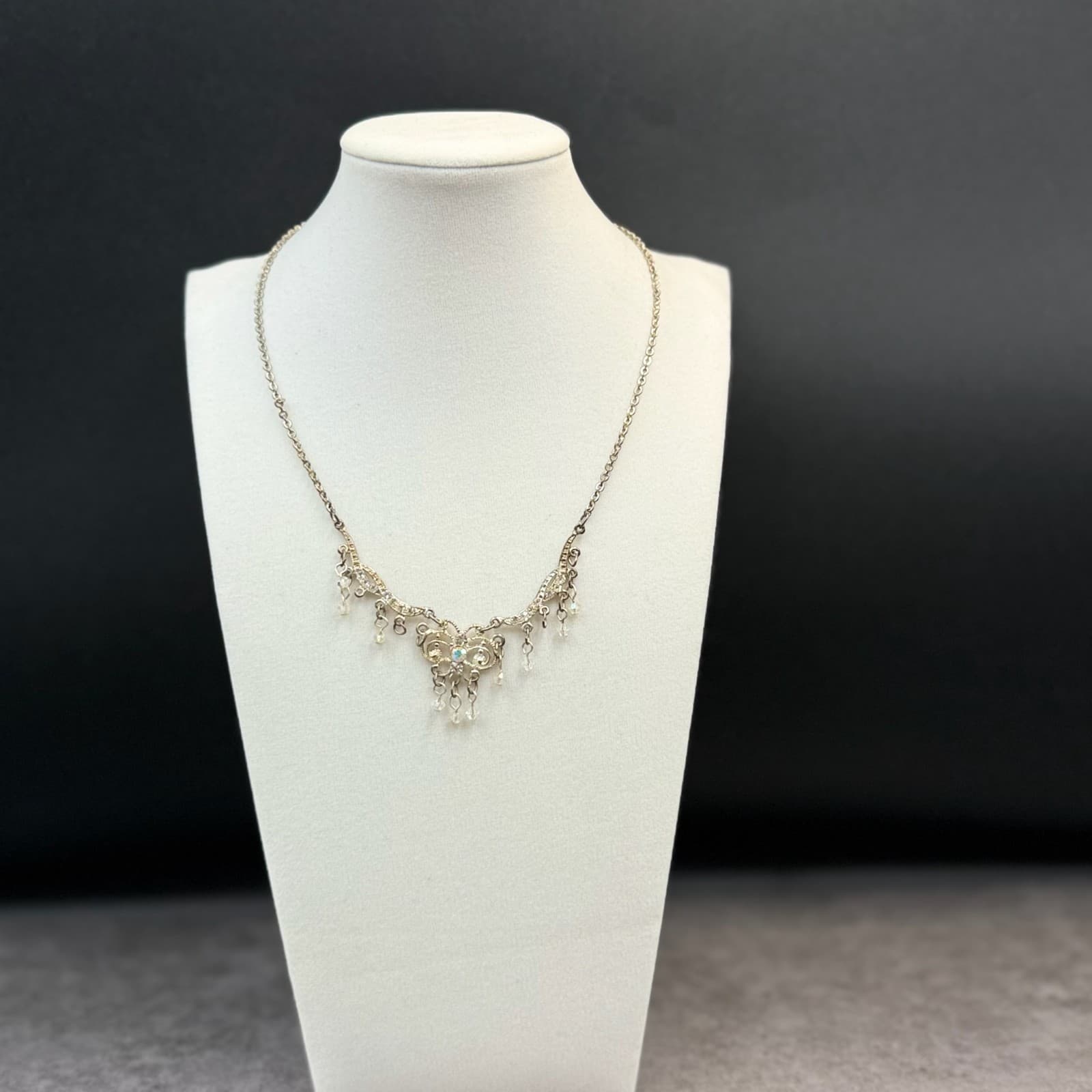 Vintage Style Silver Tone Rhinestone Filigree Dangle Choker Necklace Women's - Thumbnail 2