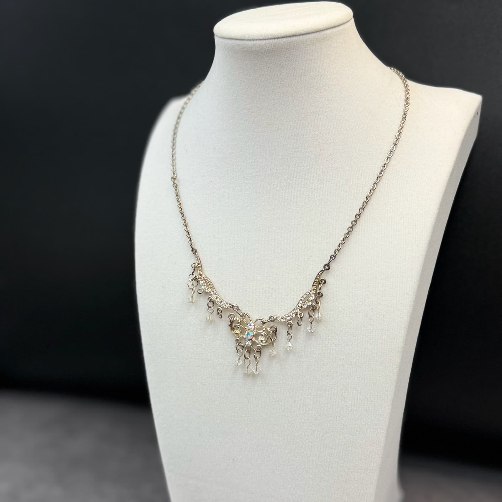 Vintage Style Silver Tone Rhinestone Filigree Dangle Choker Necklace Women's - Thumbnail 3