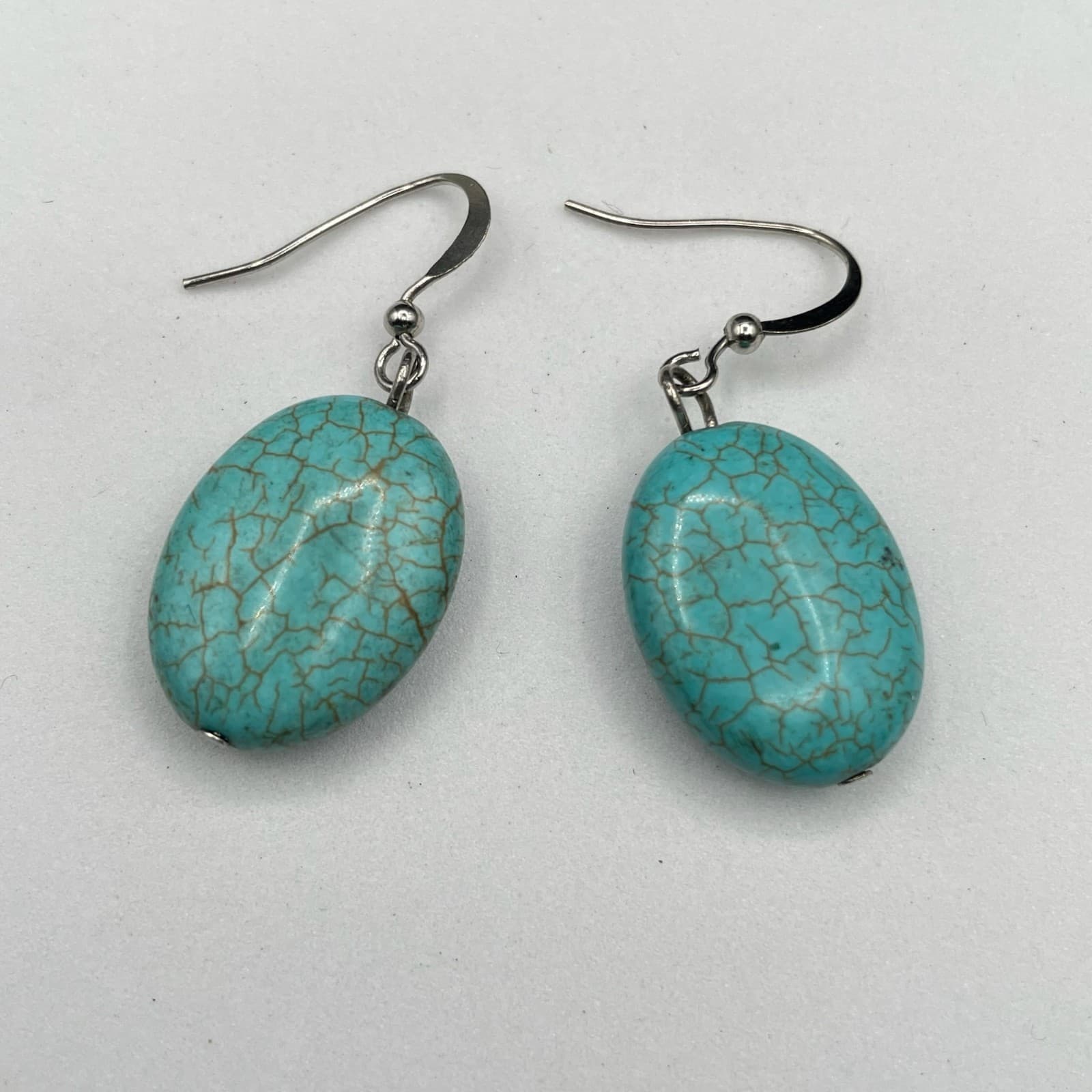 Vintage Silver-Tone Fishhook Faux Cracked Turquoise Drop Earrings Oval Shape - Thumbnail 2