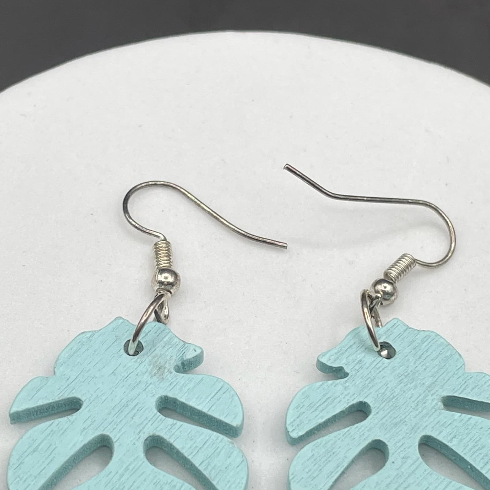 Vintage Blue Painted Wooden Palm Leaf Fashion Retro Danngle Earrings - Thumbnail 5