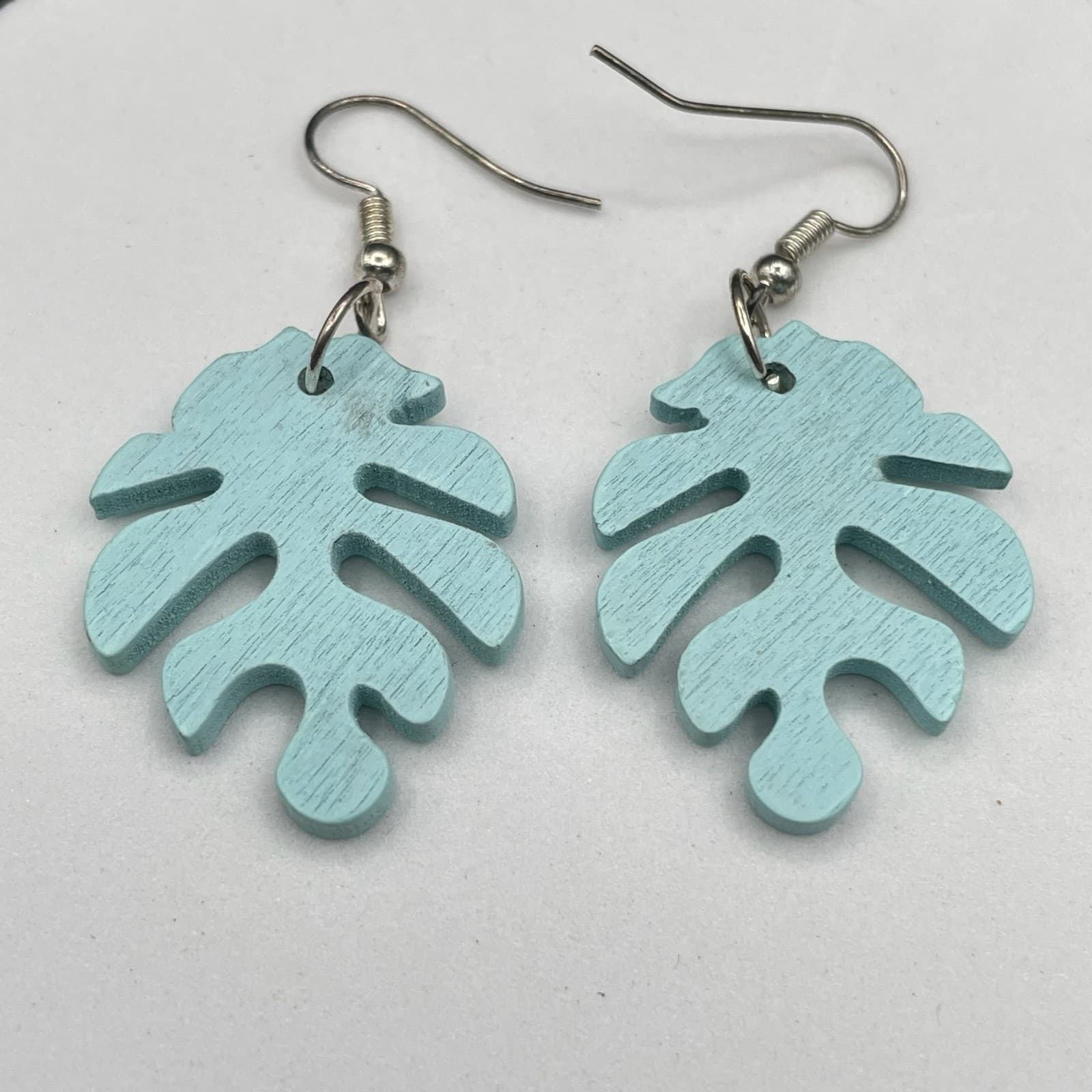 Vintage Blue Painted Wooden Palm Leaf Fashion Retro Danngle Earrings - Thumbnail 3