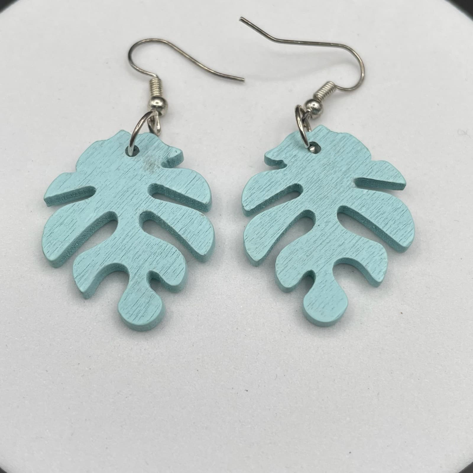 Vintage Blue Painted Wooden Palm Leaf Fashion Retro Danngle Earrings - Thumbnail 2