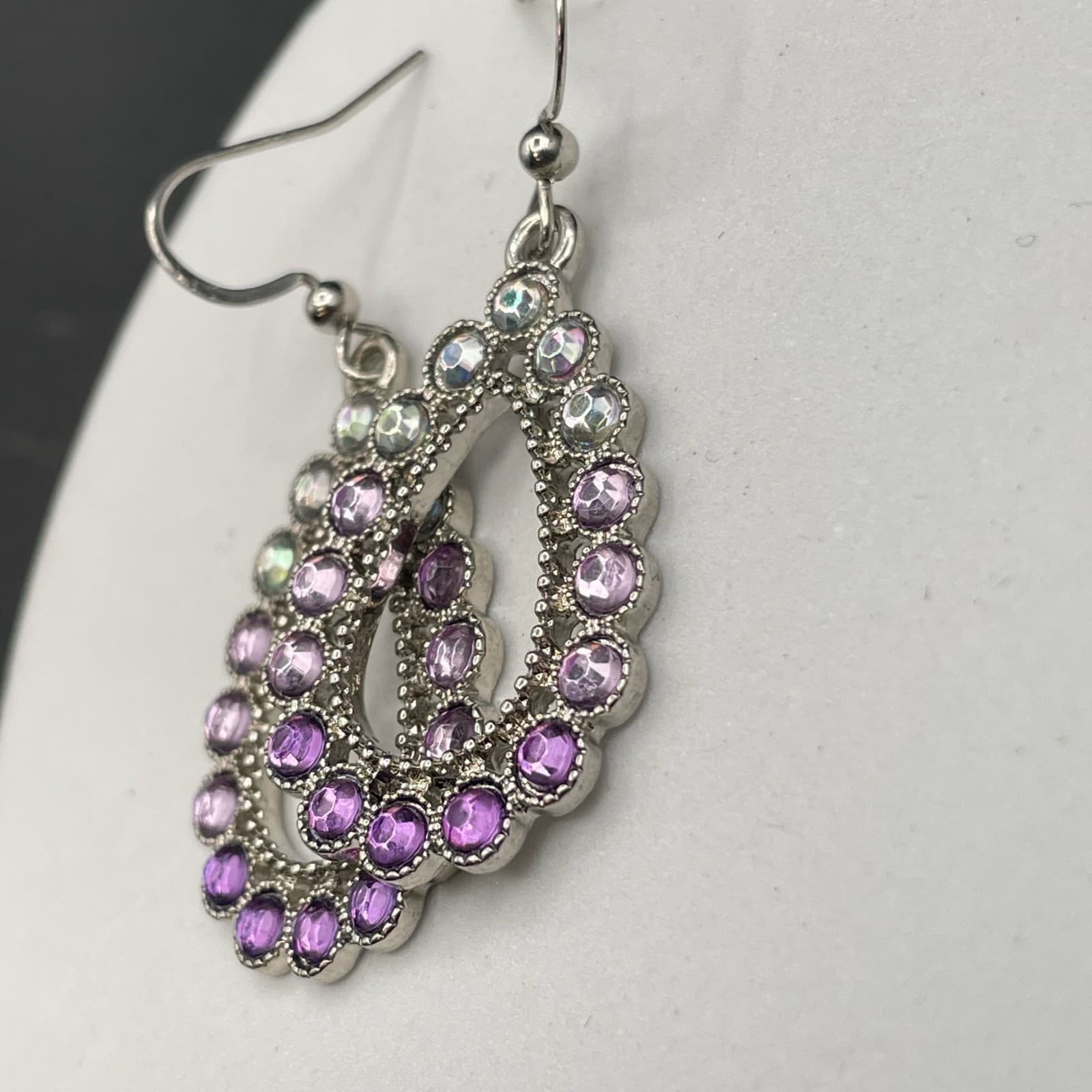 Vintage Purple White Crystal Stone Ombré Silver-Tone Dangle Drop Earrings - Thumbnail 5