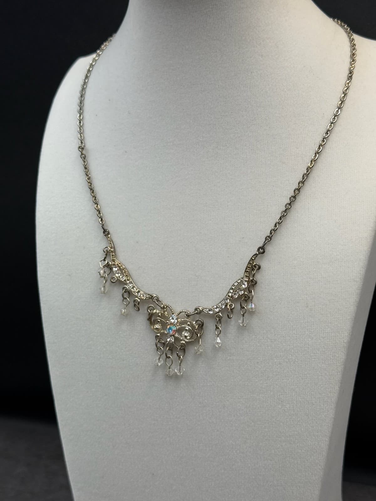 Vintage Style Silver Tone Rhinestone Filigree Dangle Choker Necklace Women's - Thumbnail 4