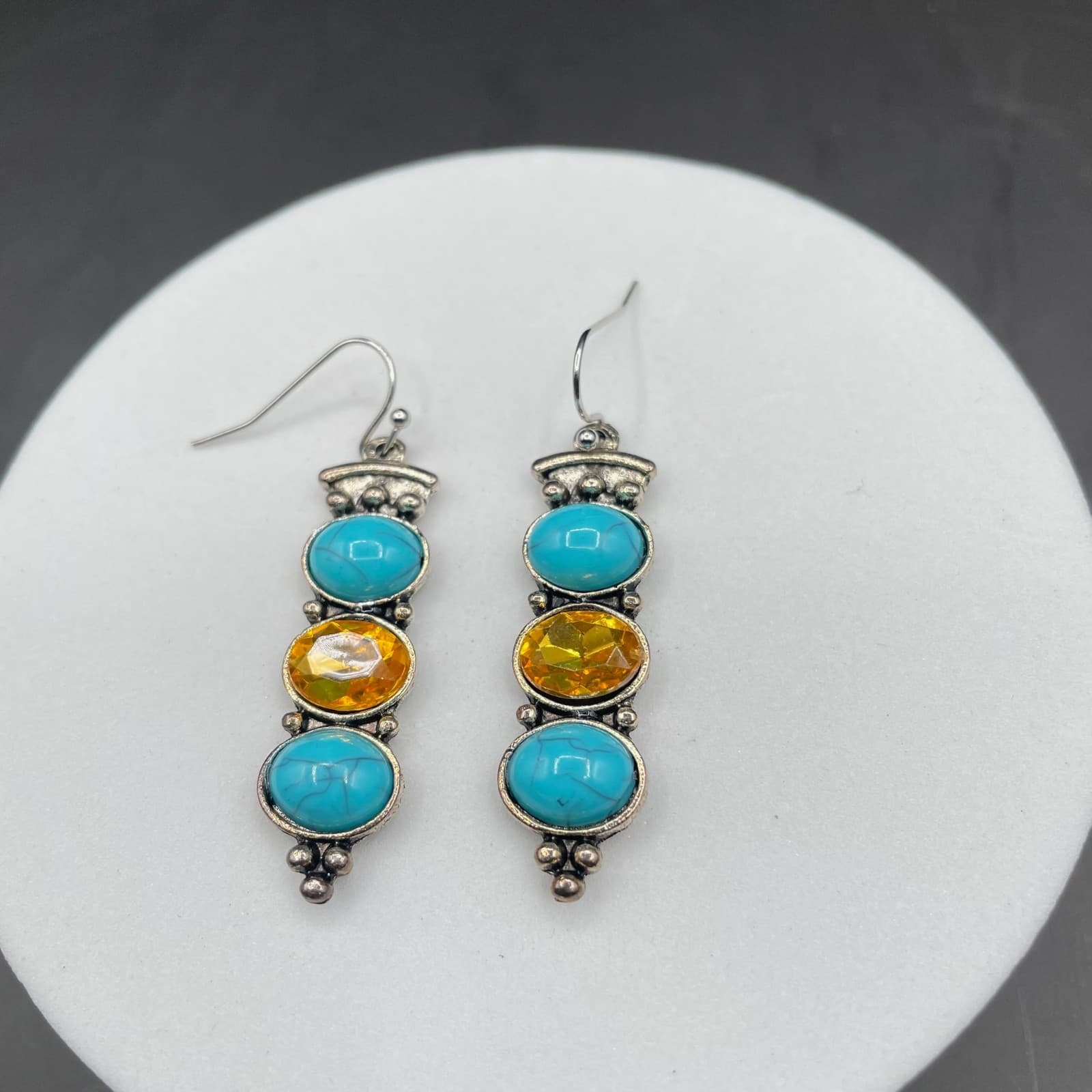Vintage Turquoise & Amber Plastic Silver-Tone Tear-Drop Fashion Dangle Earrings - Image 1