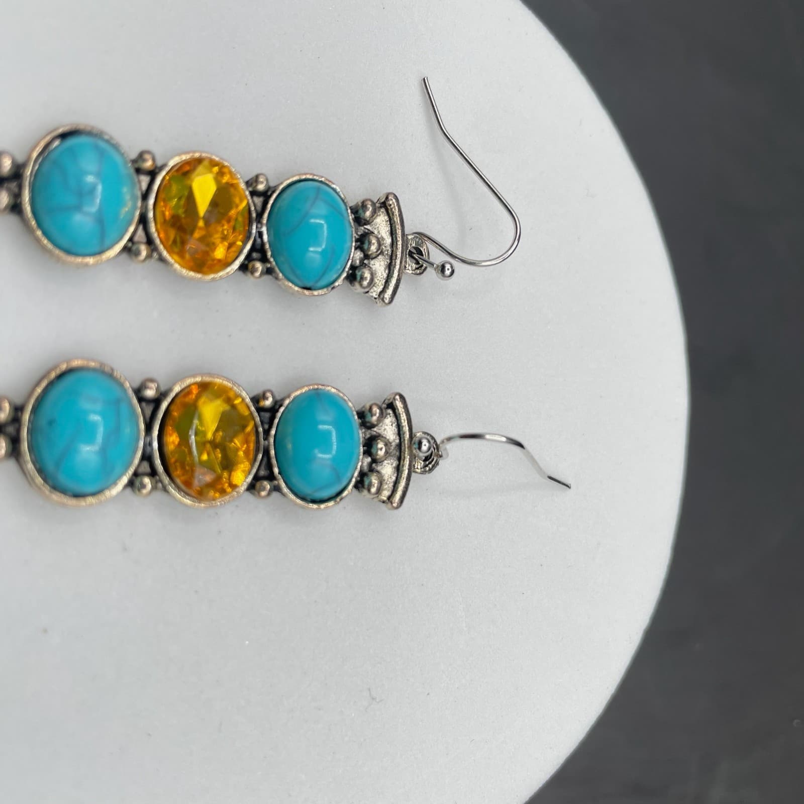 Vintage Turquoise & Amber Plastic Silver-Tone Tear-Drop Fashion Dangle Earrings - Thumbnail 4