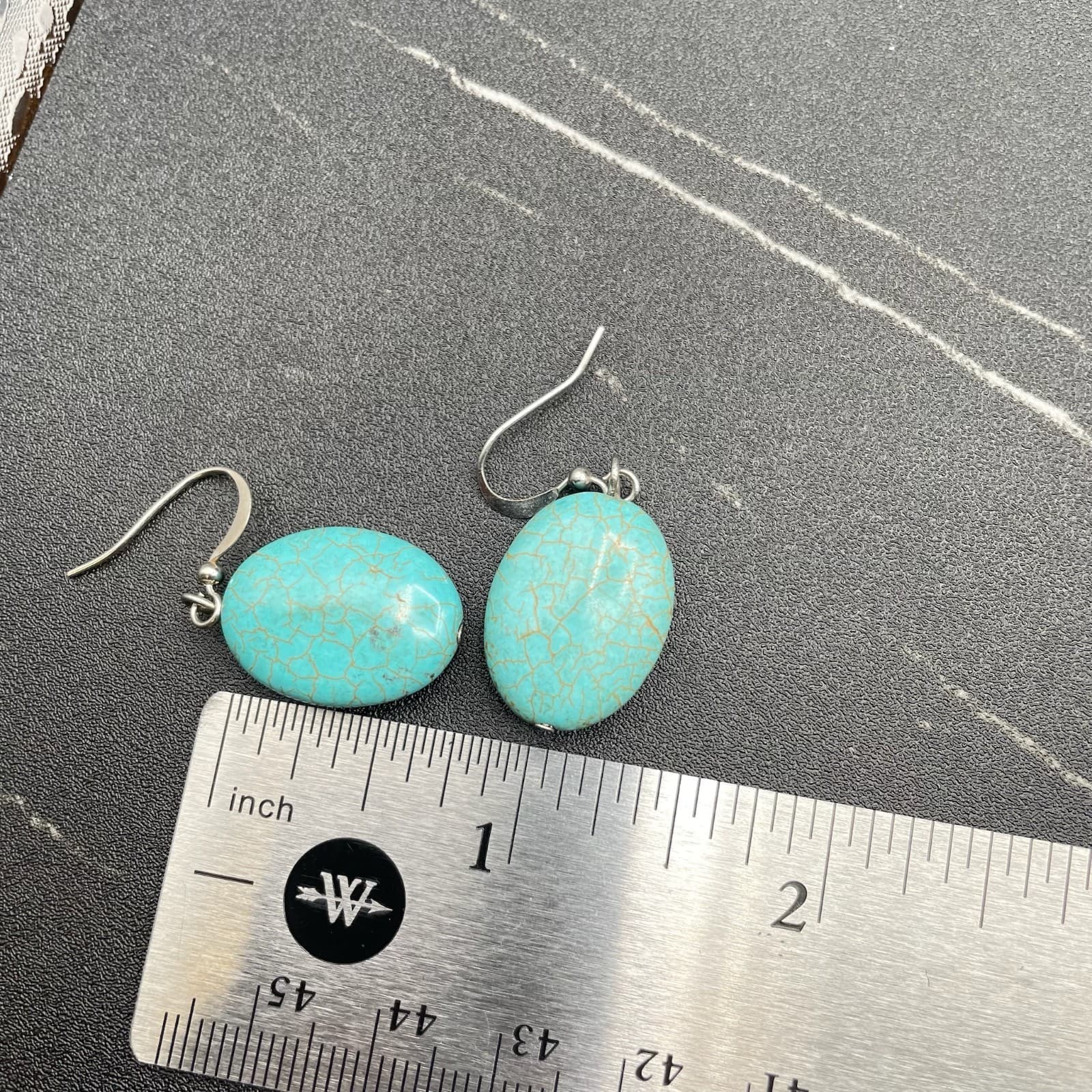 Vintage Silver-Tone Fishhook Faux Cracked Turquoise Drop Earrings Oval Shape - Thumbnail 8