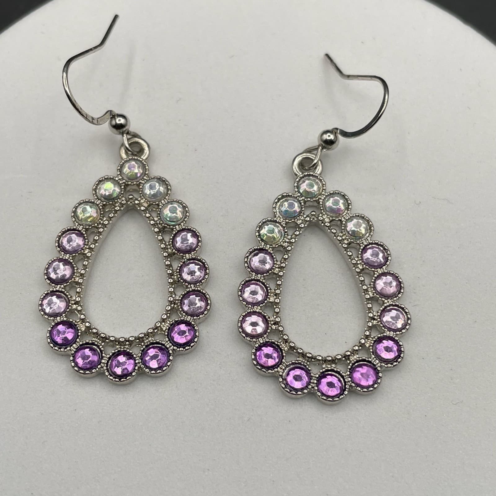 Vintage Purple White Crystal Stone Ombré Silver-Tone Dangle Drop Earrings - Thumbnail 2