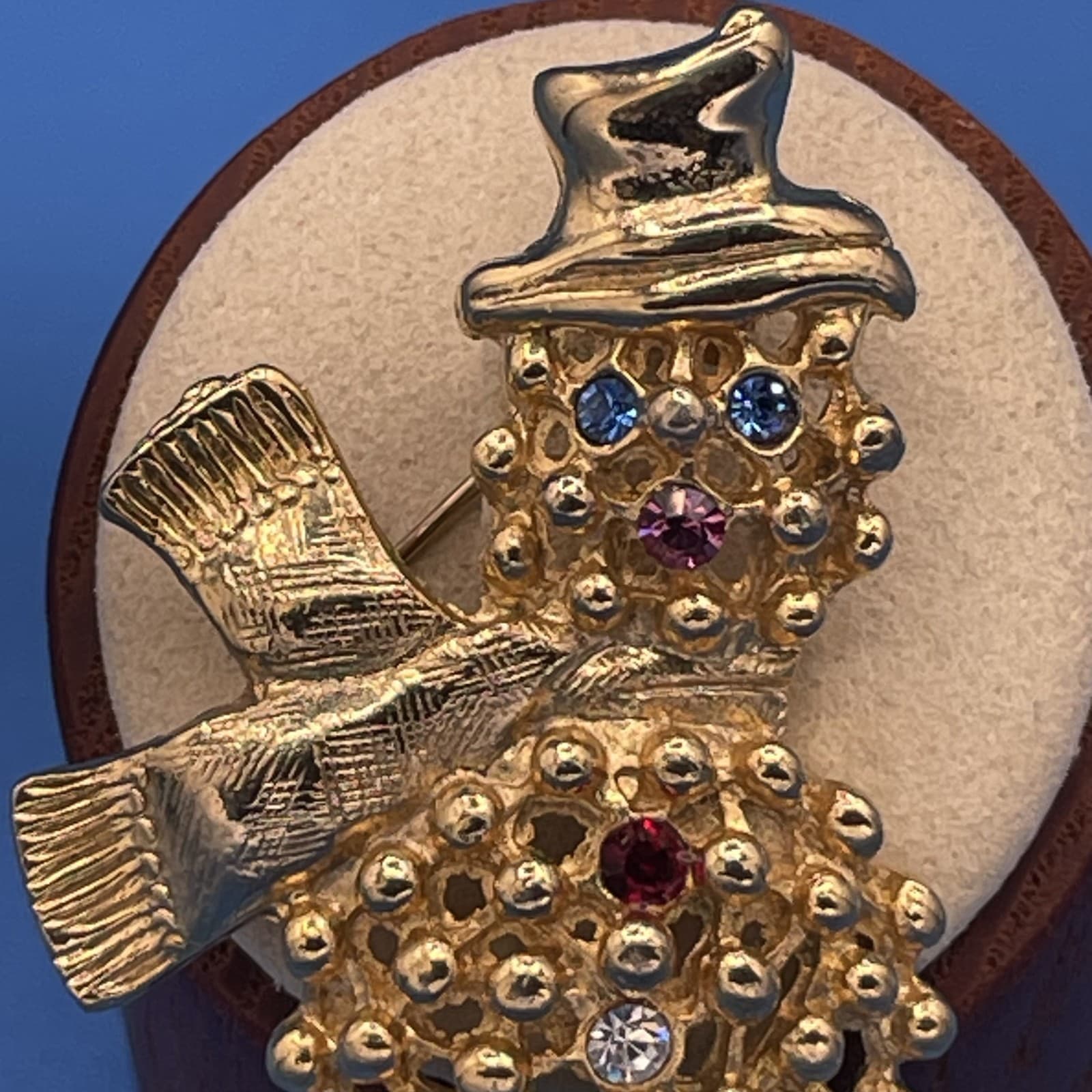Vintage VTG Gold Tone Snowman Brooch Pin Scarf Multi-Color Rhinestone Christmas - Thumbnail 6