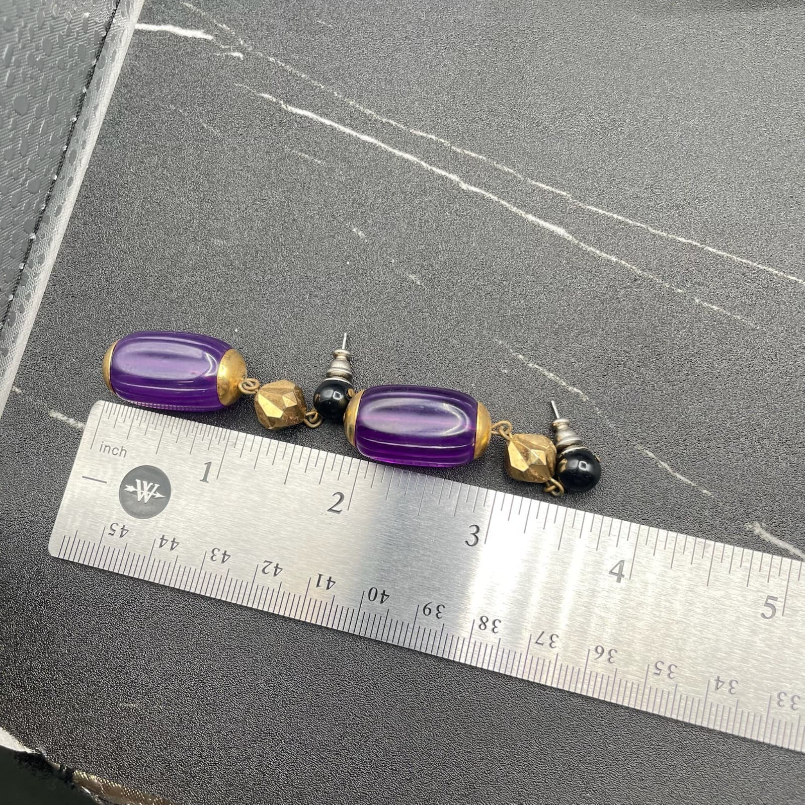 Vintage Gold-Tone Purple Plastic Barrel Bead Fashion Classic Dangle Earrings - Thumbnail 7