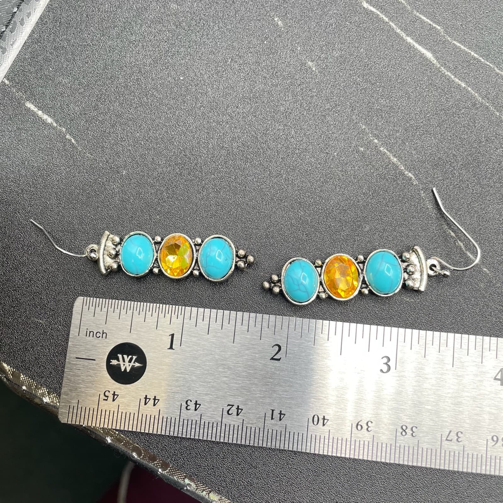 Vintage Turquoise & Amber Plastic Silver-Tone Tear-Drop Fashion Dangle Earrings - Thumbnail 6