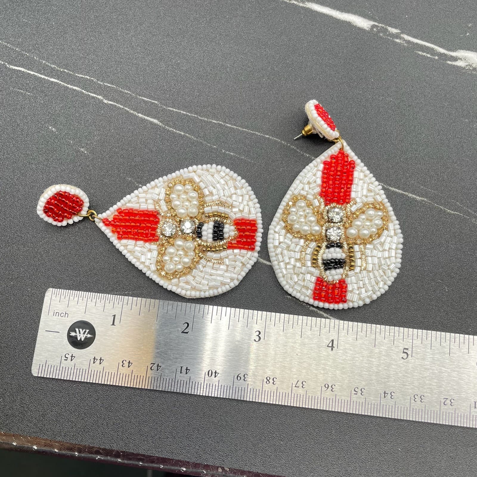 Contemporary Gold-Tone Bee Beaded Teardrop Dangle Drop Embellished Bee Earrings - Thumbnail 2