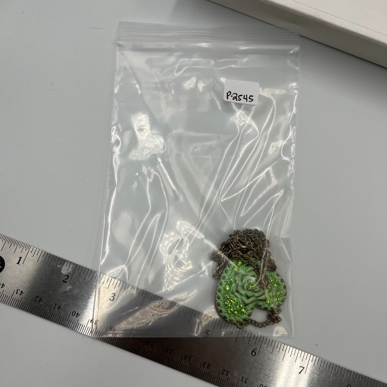 Vintage Enamel Heart Rose Necklace Green Rhinestone Victorian Revival Gold Tone - Thumbnail 8