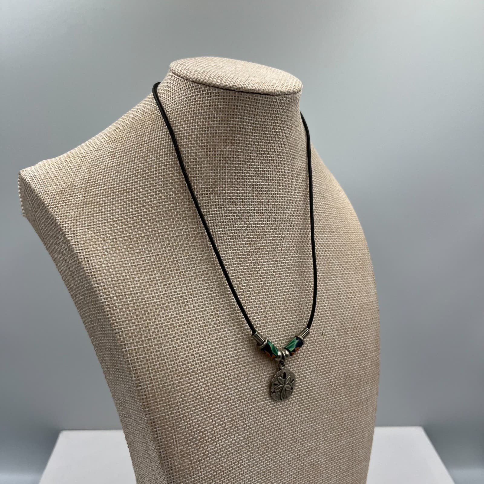 Vintage Sand Dollar Necklace Leather Cord Millefiori Flower Beads Beach Boho - Thumbnail 5