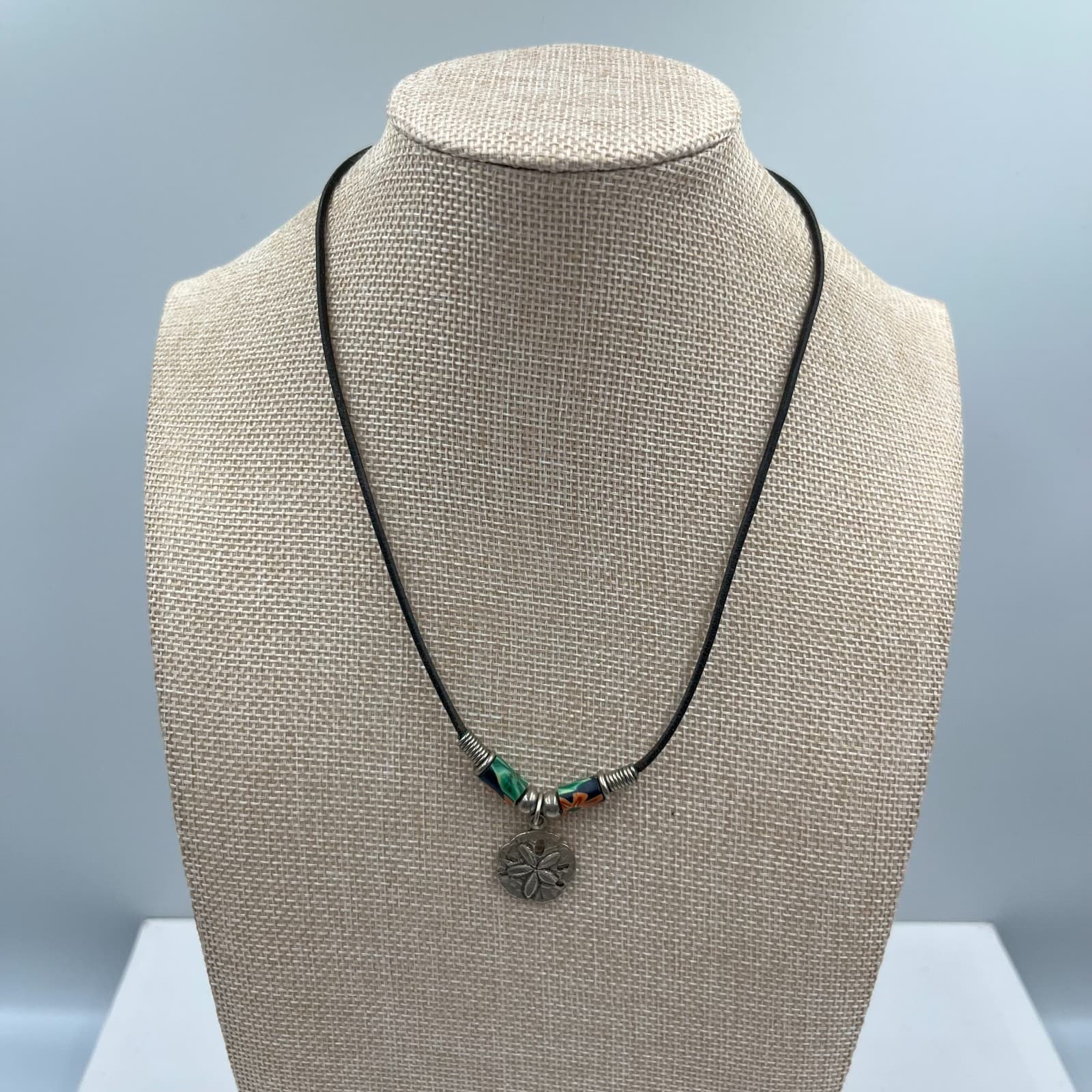 Vintage Sand Dollar Necklace Leather Cord Millefiori Flower Beads Beach Boho - Thumbnail 2