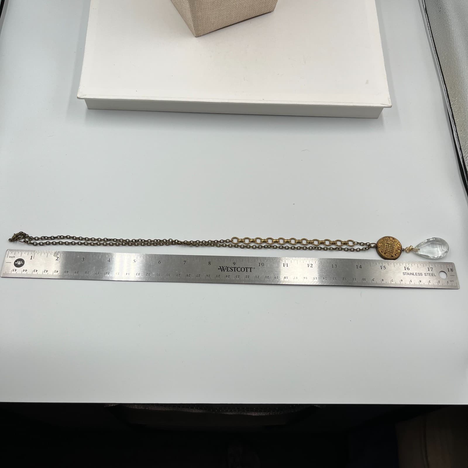 Vintage Style Brass Teardrop Necklace Faceted Glass Crystal Pendant Long Stateme - Thumbnail 8