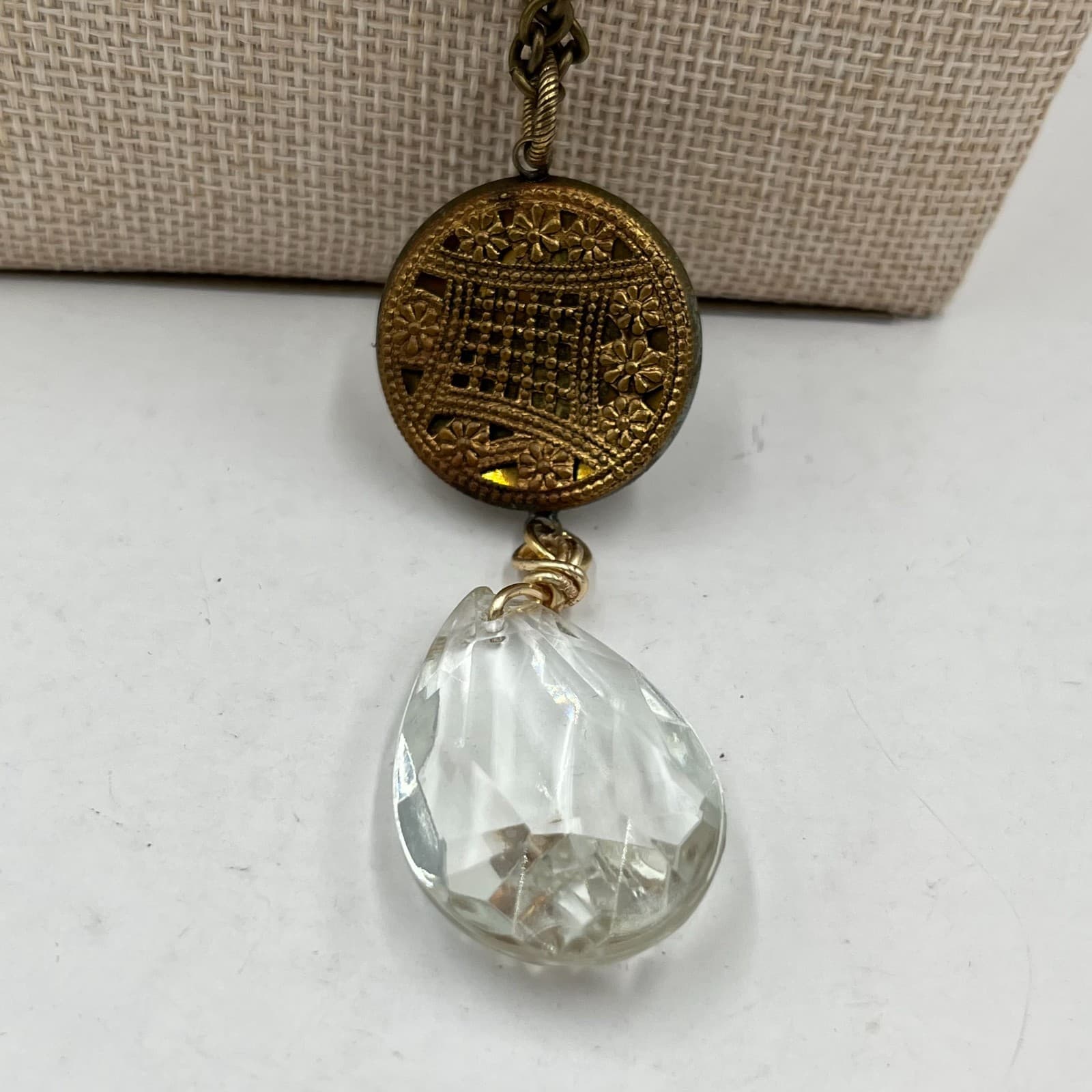 Vintage Style Brass Teardrop Necklace Faceted Glass Crystal Pendant Long Stateme - Thumbnail 4