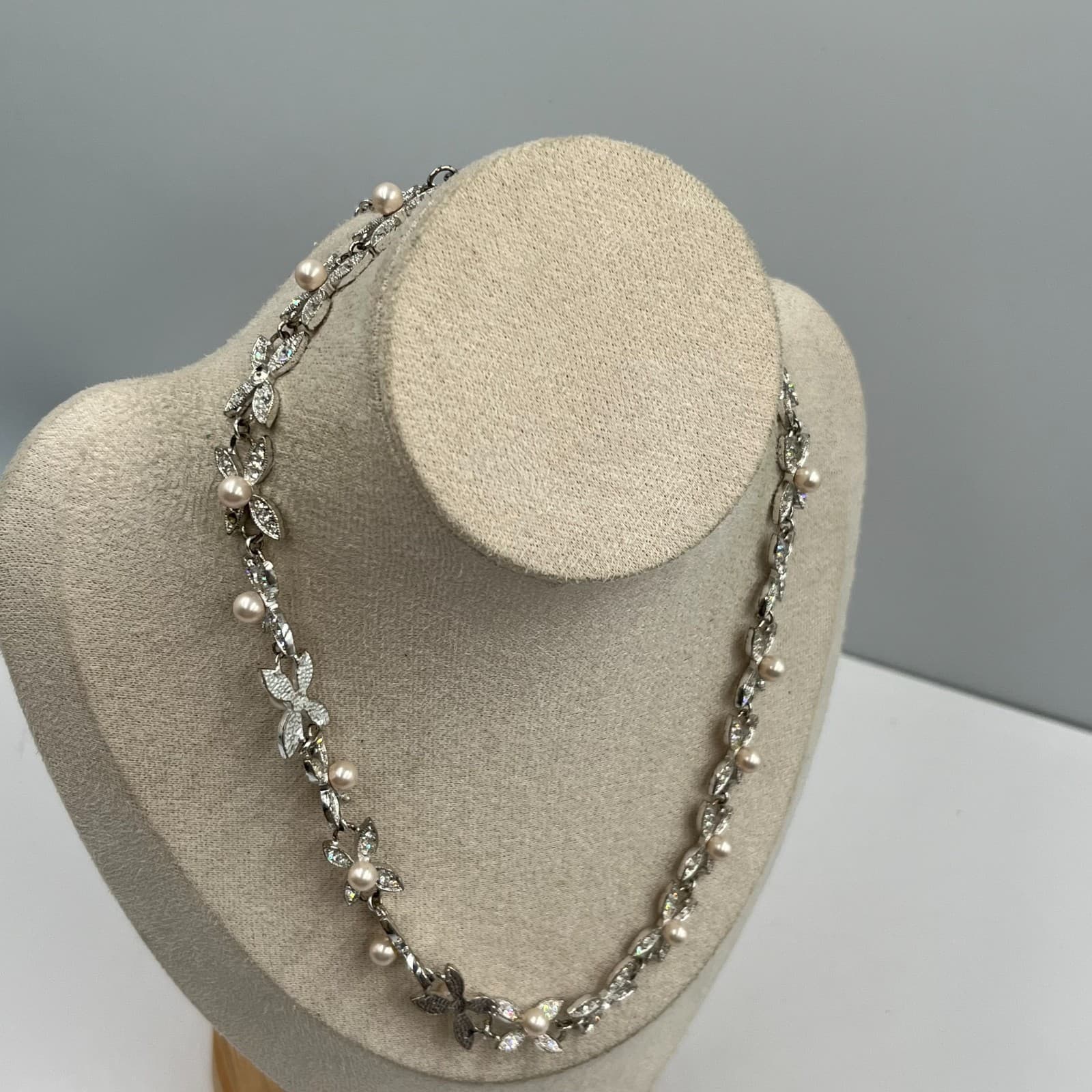 Vintage Silver Tone Butterfly Pendant Necklace Faux Pearl Crystal Accents - Thumbnail 5