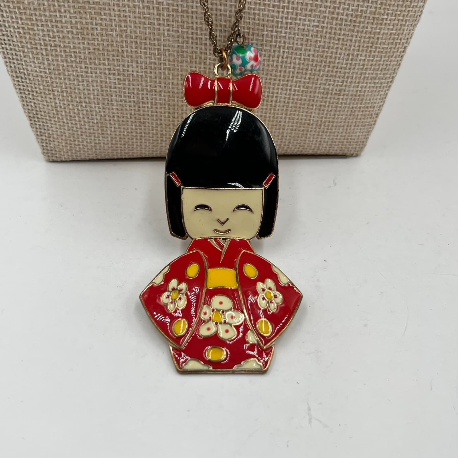 Vintage Kokeshi Doll Pendant Necklace Enamel Articulated Moving Japanese Girl Re - Thumbnail 3