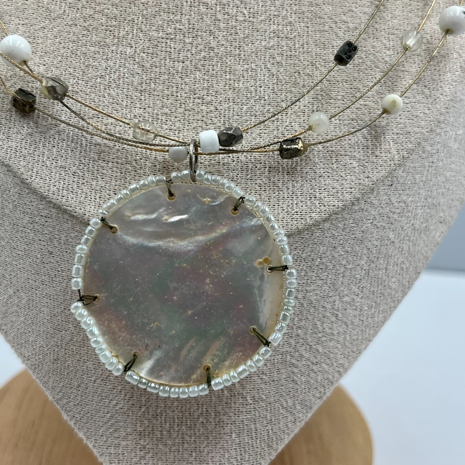 Vintage Mother of Pearl MOP Shell Pendant Necklace Multi Strand Seed Bead Boho - Thumbnail 3