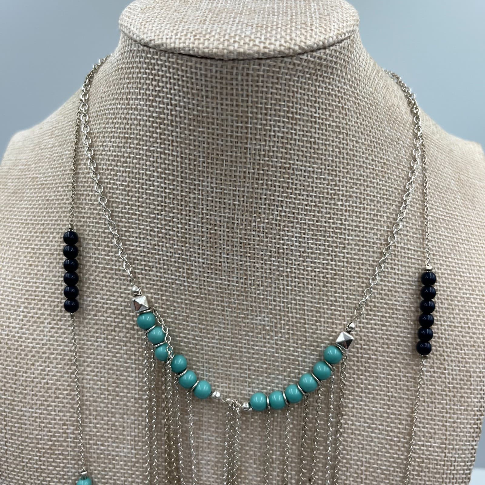 Vtg Boho Layered Statement Necklace Turquoise Beads Silver Tone Fringe Bib Tag - Thumbnail 2