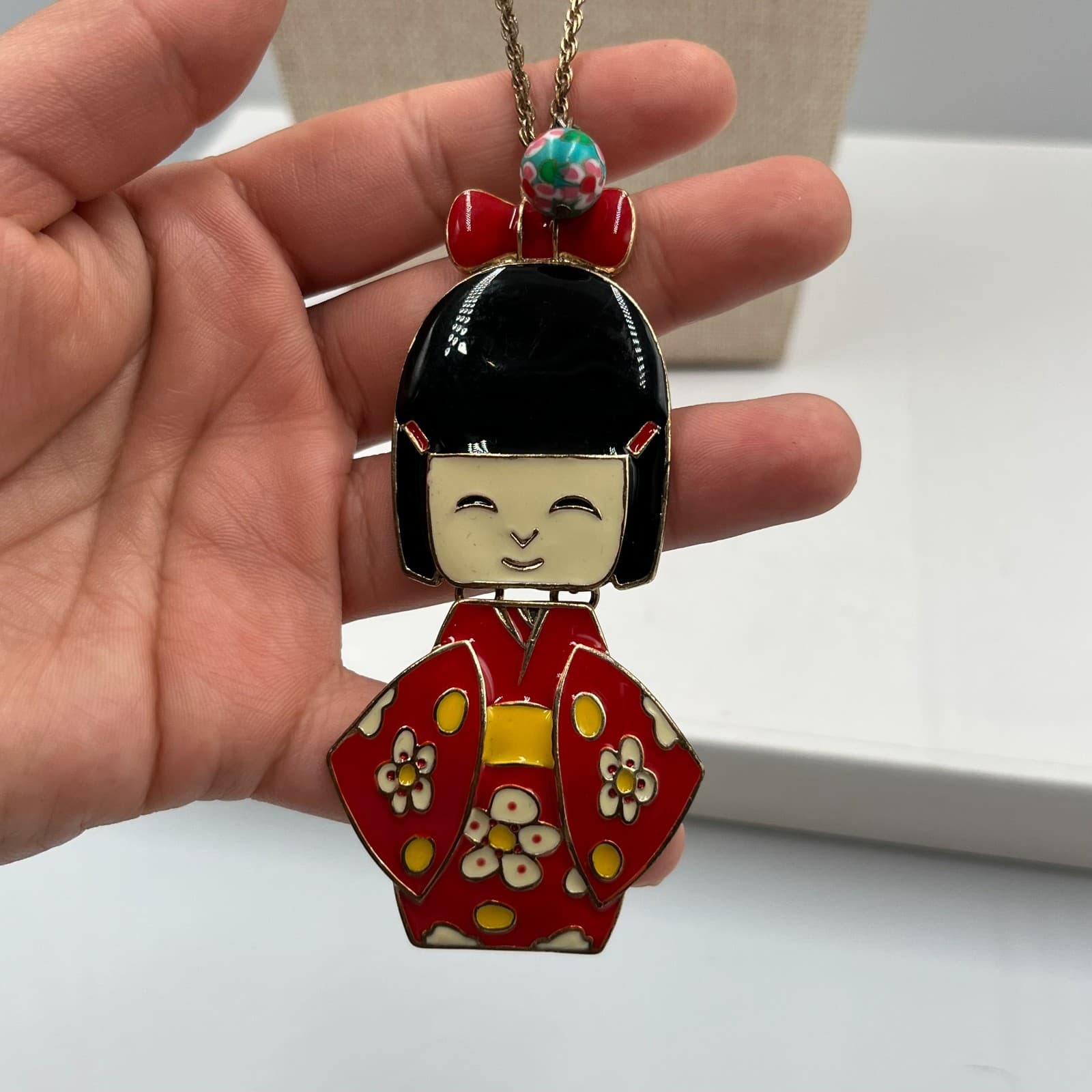 Vintage Kokeshi Doll Pendant Necklace Enamel Articulated Moving Japanese Girl Re - Thumbnail 4