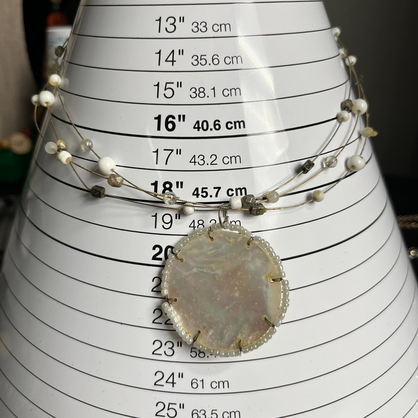 Vintage Mother of Pearl MOP Shell Pendant Necklace Multi Strand Seed Bead Boho - Thumbnail 7