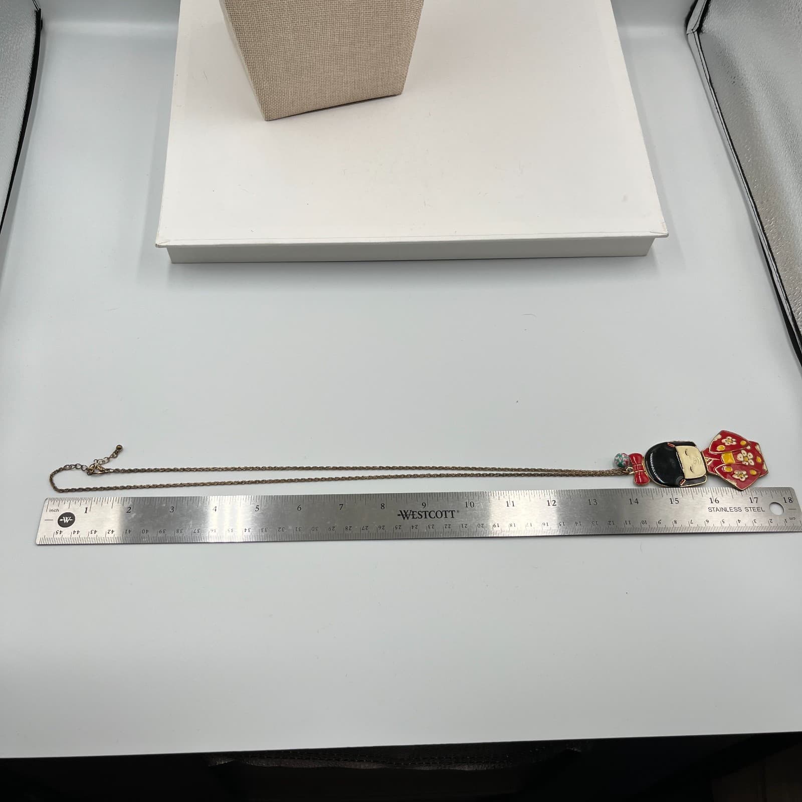 Vintage Kokeshi Doll Pendant Necklace Enamel Articulated Moving Japanese Girl Re - Thumbnail 7