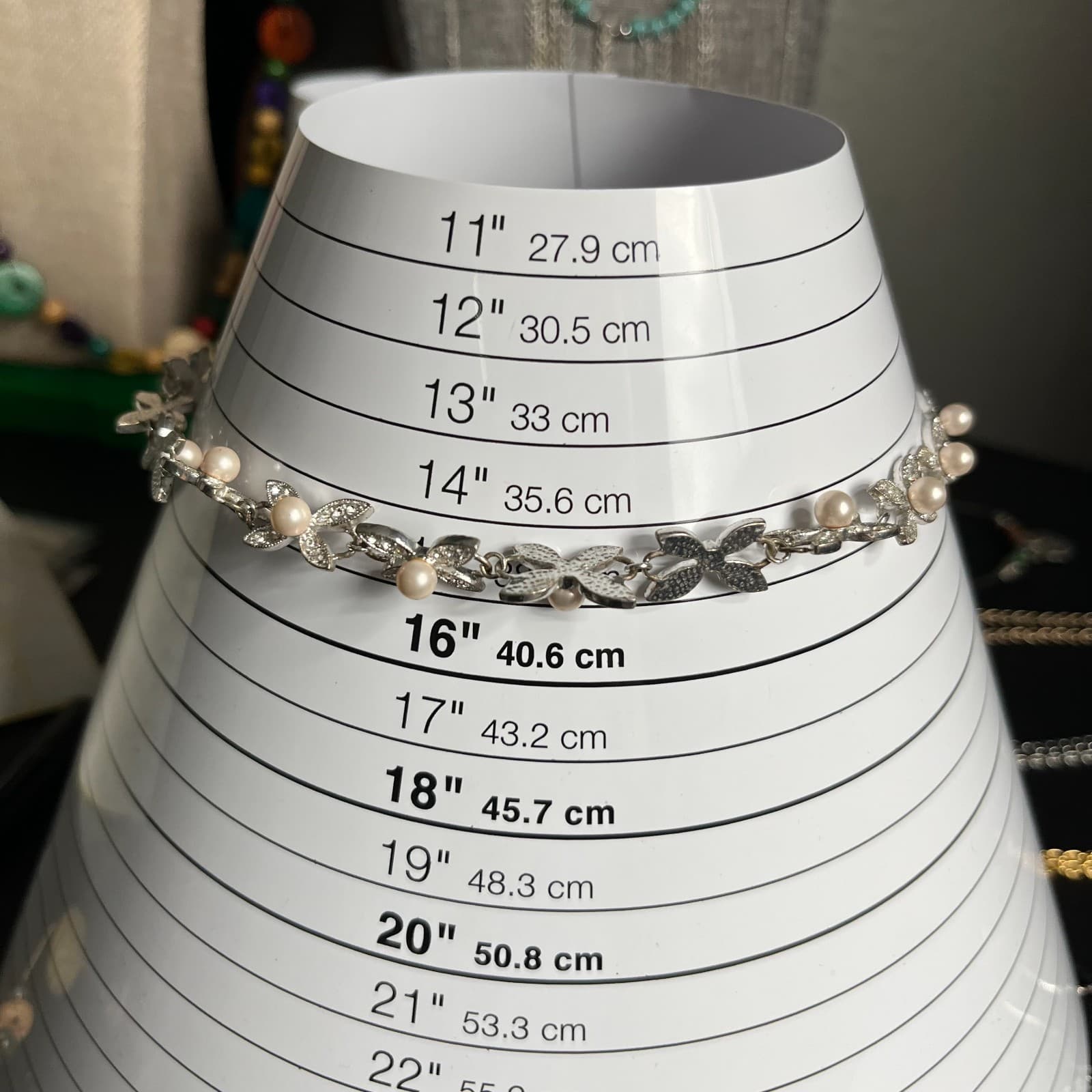 Vintage Silver Tone Butterfly Pendant Necklace Faux Pearl Crystal Accents - Thumbnail 8