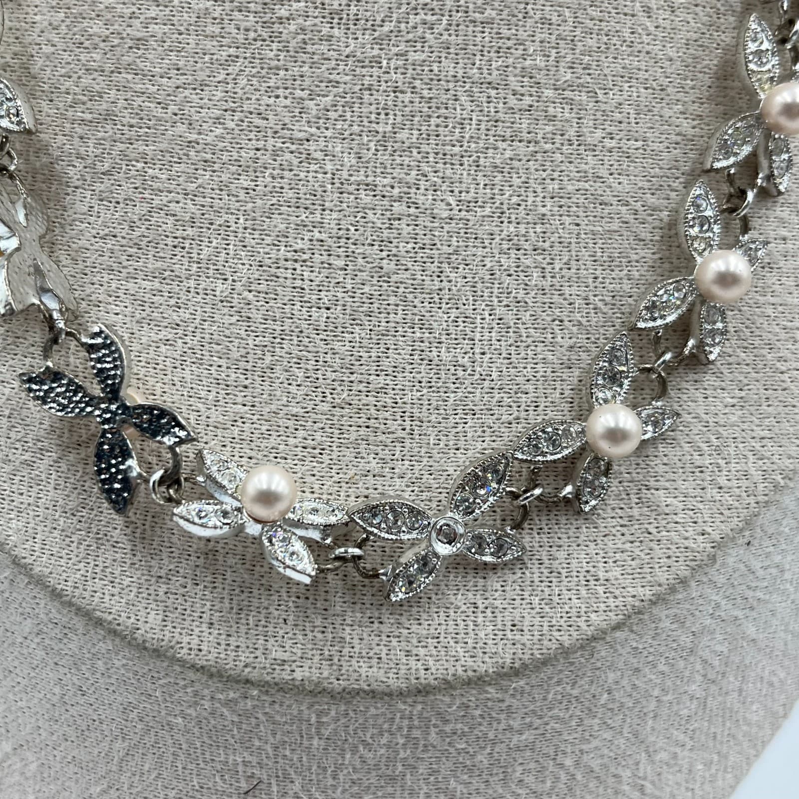 Vintage Silver Tone Butterfly Pendant Necklace Faux Pearl Crystal Accents - Thumbnail 3