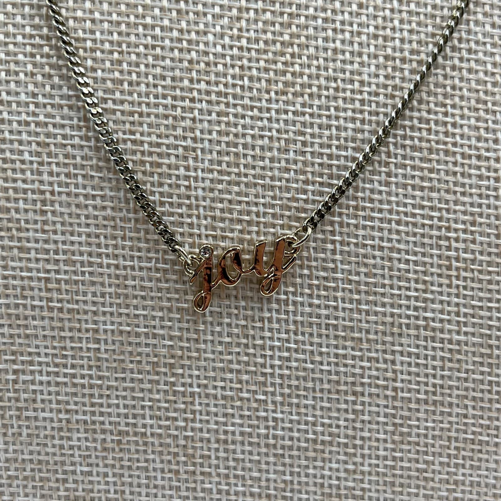 Vintage Lane Bryant "Joy" Script Necklace Silver Tone Rhinestone Pave Pendant 18 - Thumbnail 3