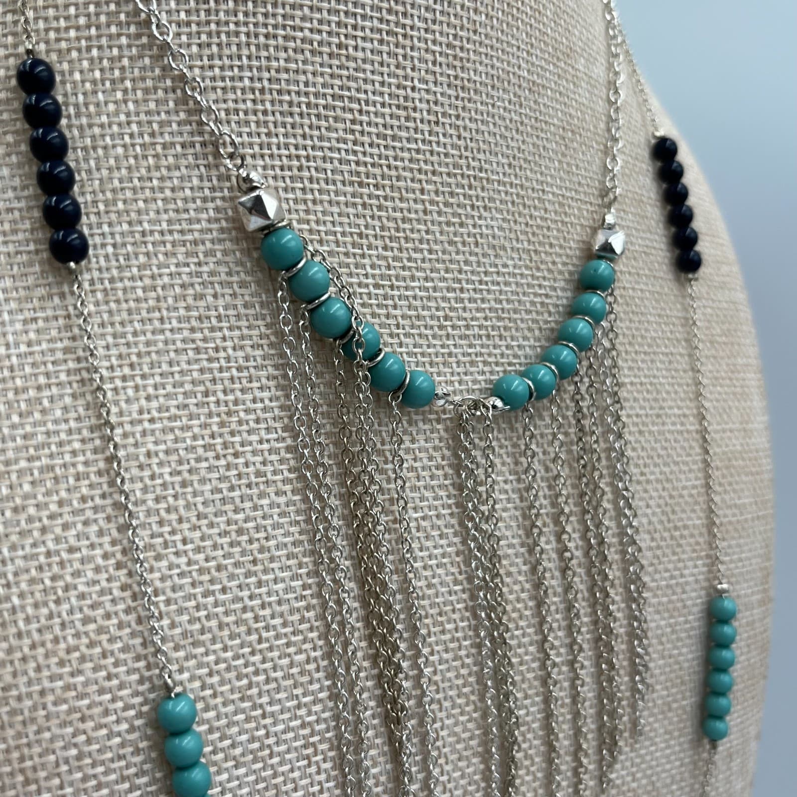 Vtg Boho Layered Statement Necklace Turquoise Beads Silver Tone Fringe Bib Tag - Thumbnail 6