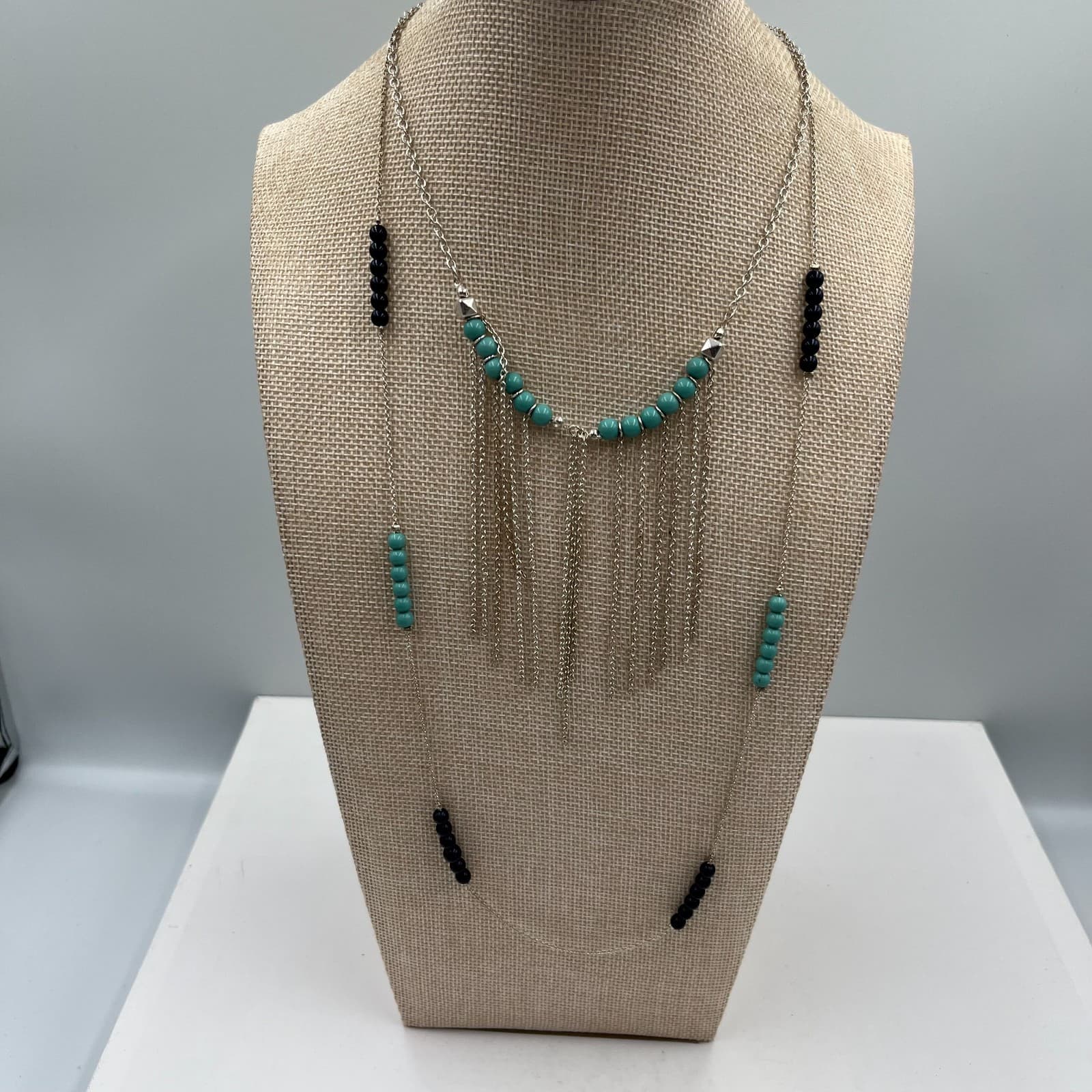 Vtg Boho Layered Statement Necklace Turquoise Beads Silver Tone Fringe Bib Tag - Image 1