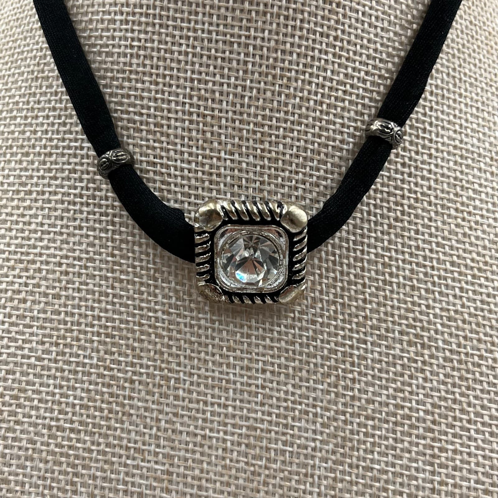 Vintage Black Cord Choker Necklace Square Clear Rhinestone Crystal Slide Charm - Thumbnail 3