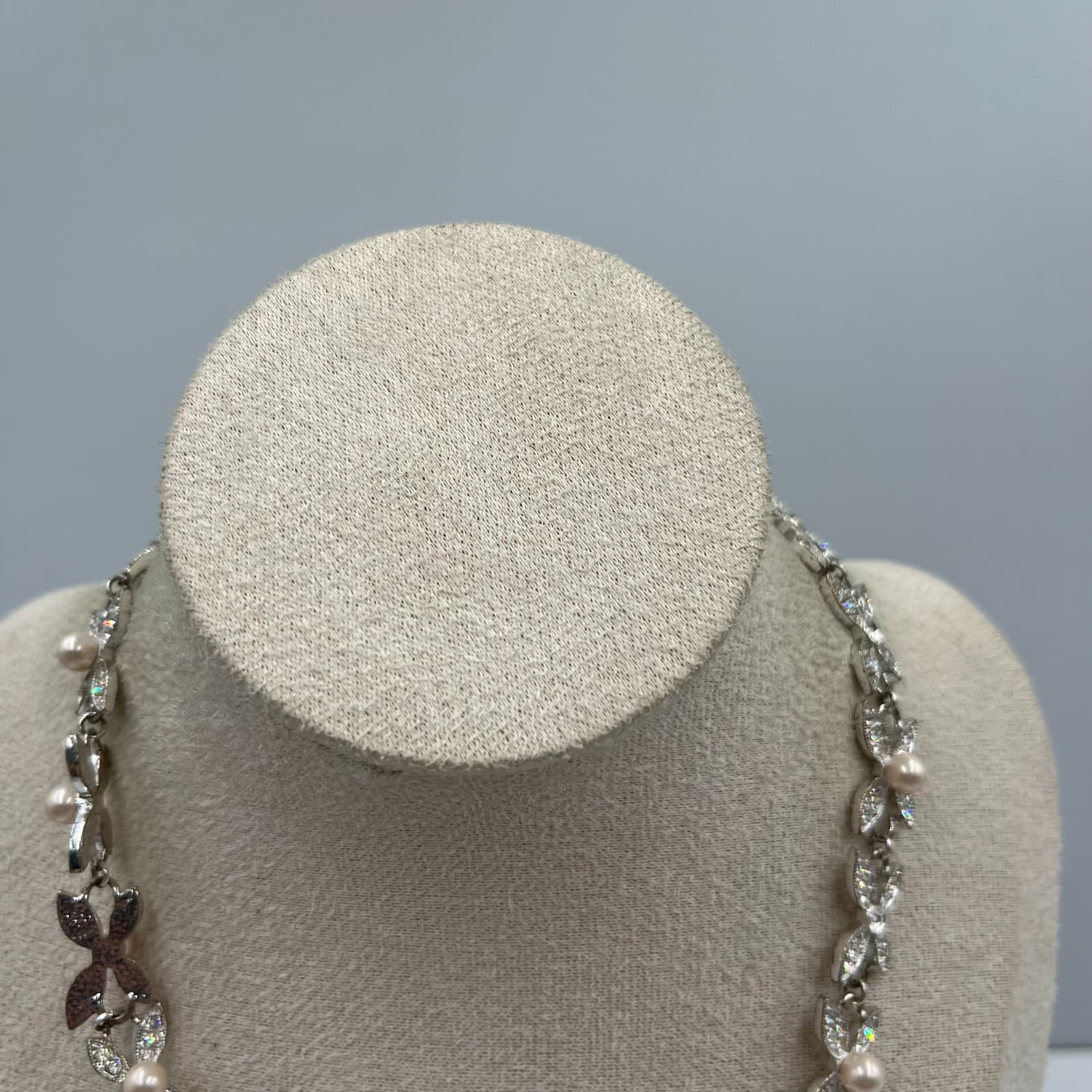 Vintage Silver Tone Butterfly Pendant Necklace Faux Pearl Crystal Accents - Thumbnail 2