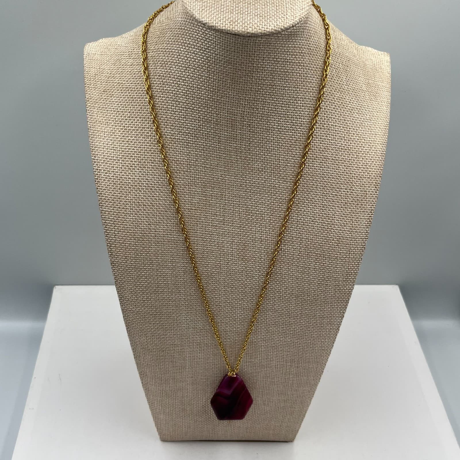 Vintage Purple Banded Agate Pendant Necklace Gold Tone Chain Boho Statement Ston - Thumbnail 4