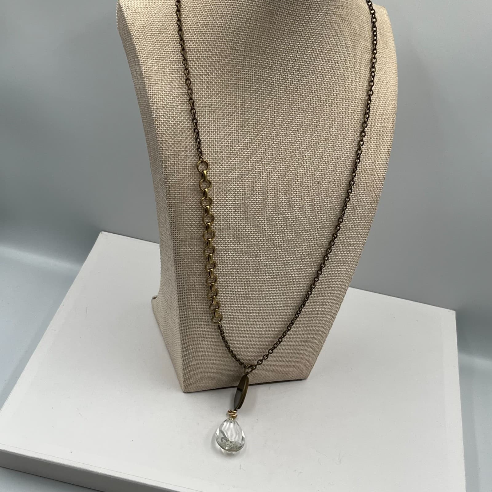 Vintage Style Brass Teardrop Necklace Faceted Glass Crystal Pendant Long Stateme - Thumbnail 7